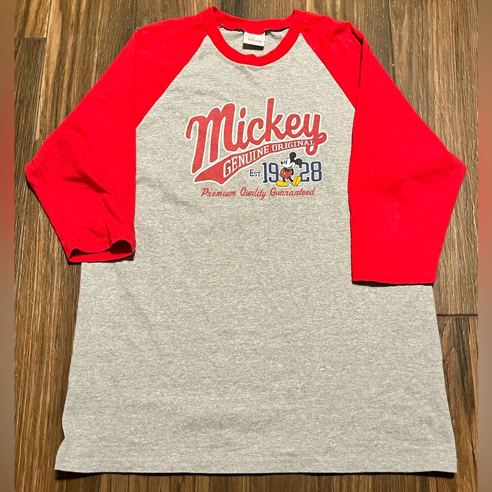 Disney Mickey Mouse Red Gray Raglan‎ Baseball Tee Adult Size Large Vintage